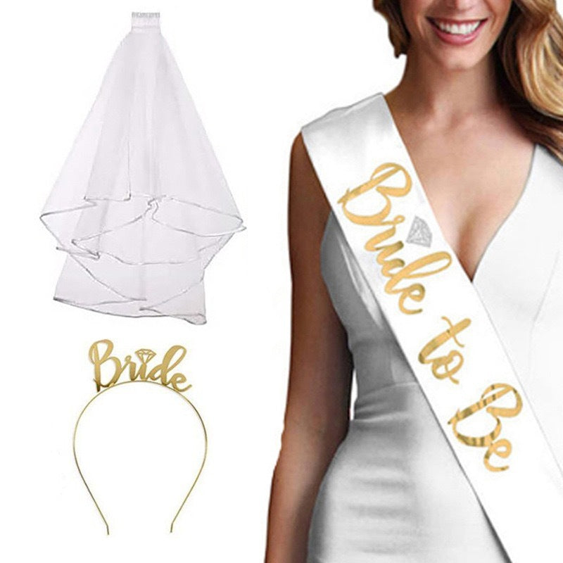 Bride to Be Veil Set - 41PCS Bachelorette Party Decorations with Gold Glitter Sash Tiara Temporary Tattoos & Photo Props