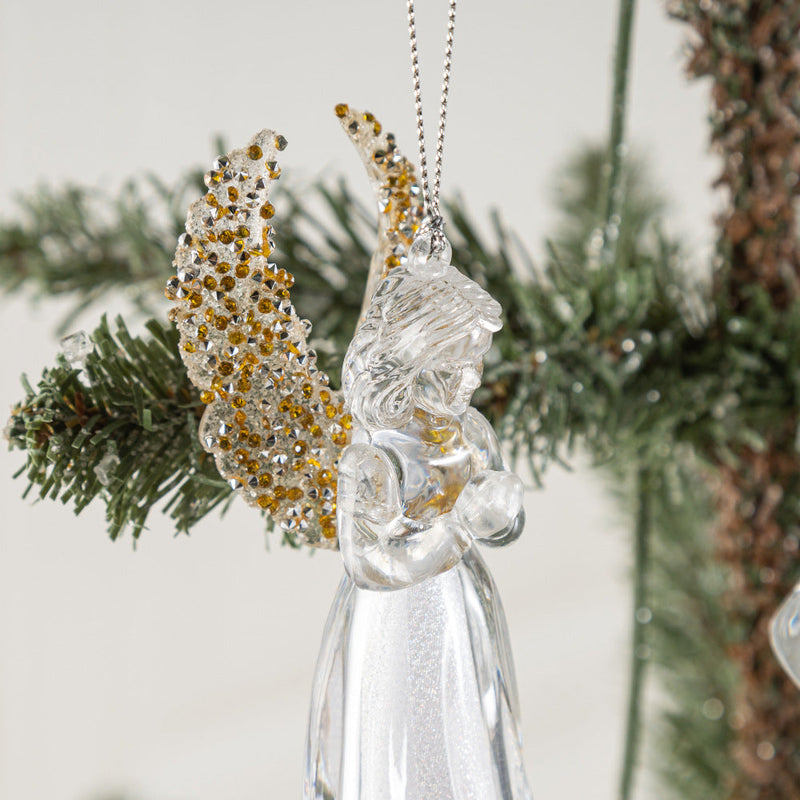 Crystal Clear Angel Christmas Ornaments with Gold Wings, Bulk Holiday Tree Hanging Pendants, Wholesale Set