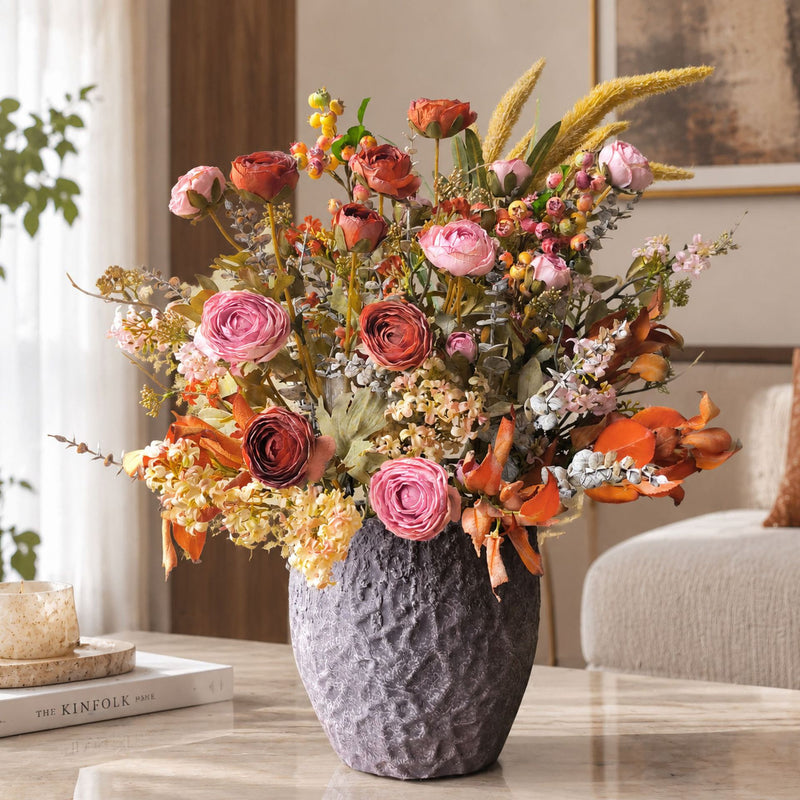 Artificial Ranunculus Bouquet, 5 Flower Heads, Vintage Burnt-Edge Faux Silk Stems, Home & Window Display