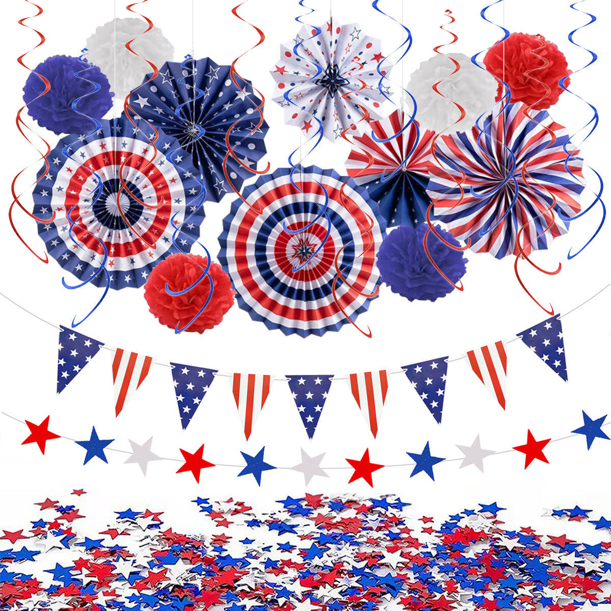 Bulk Independence Day Party Decorations Kit with Red White Blue Hanging Paper Fans Hanging Swirls Flag Pennant Foil Fringe Pom Poms for Holiday Party Supplies Decor Wholesale