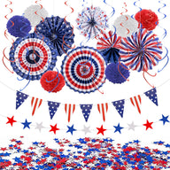 Bulk Independence Day Party Decorations Kit with Red White Blue Hanging Paper Fans Hanging Swirls Flag Pennant Foil Fringe Pom Poms for Holiday Party Supplies Decor Wholesale