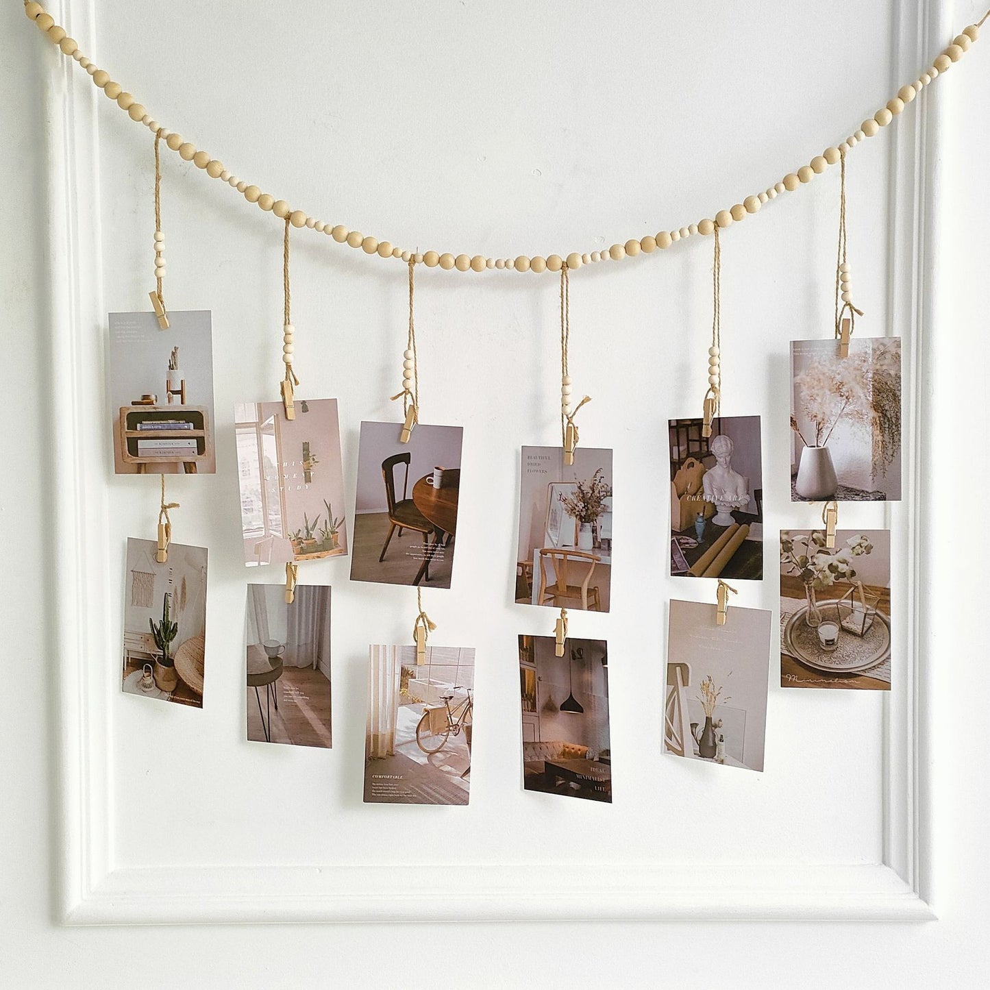 Photo Display Garland with Natural Wood Beads Jute Rope & Clips for Home Decor