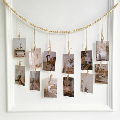 Photo Display Garland with Natural Wood Beads Jute Rope & Clips for Home Decor