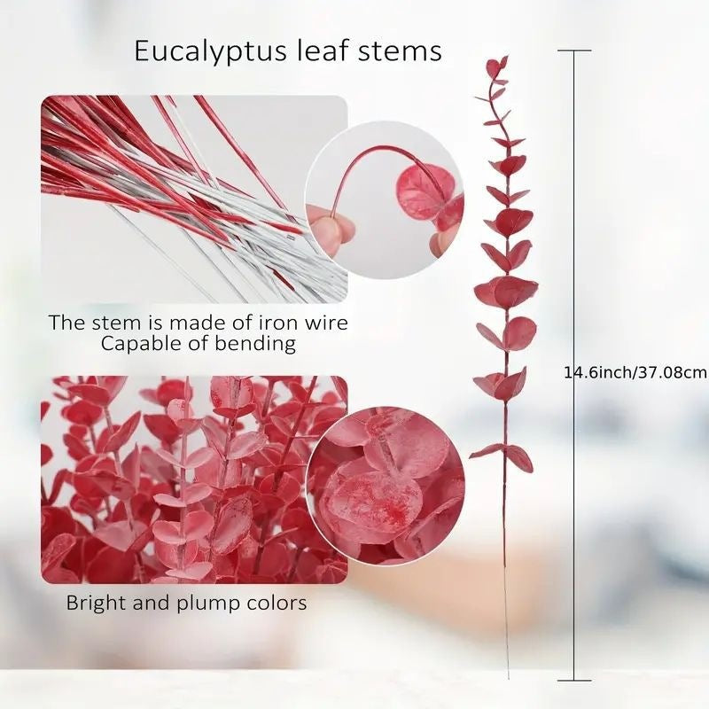 Artificial Red Eucalyptus Leaf Stems, Pack of 50 Single Stem Faux Eucalyptus Branches for Wedding, Holiday & Home Decor
