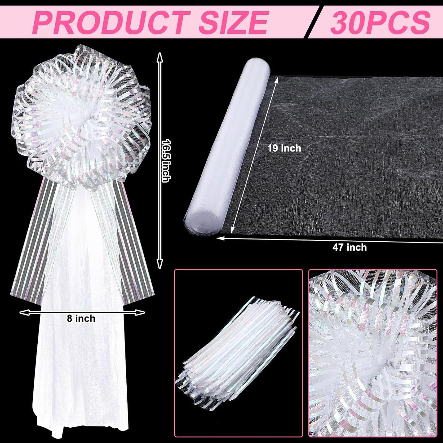 Church Wedding Aisle Chair Decor Kits (5-Pack) – 2m Tulle + White Ribbons per Set