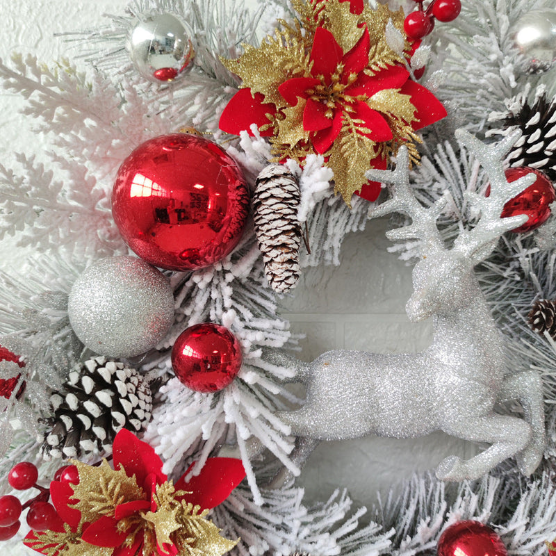 Artificial Christmas Wreaths with Elk, Cedar, Pinecones, Glitter Poinsettias – Holiday Front Door Wall Hanging Decoration, Bulk Wholesale