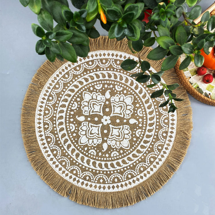 Bulk 2pcs 15 Inch Boho Round Braided Placemats with Tassel Vintage Vase Mat for Home Party Birthday Wholesale