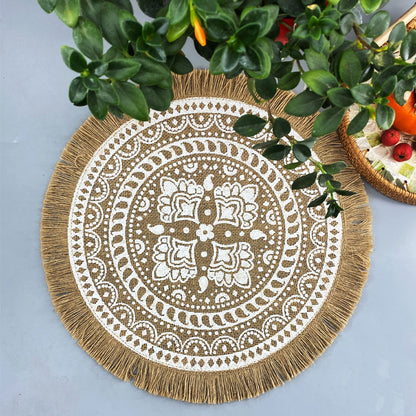 Bulk 2pcs 15 Inch Boho Round Braided Placemats with Tassel Vintage Vase Mat for Home Party Birthday Wholesale