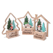 Wooden Merry Xmas Ornament Set with Hollow-out House, Star & Tree Designs for Tabletop Decor, Bulk Pack