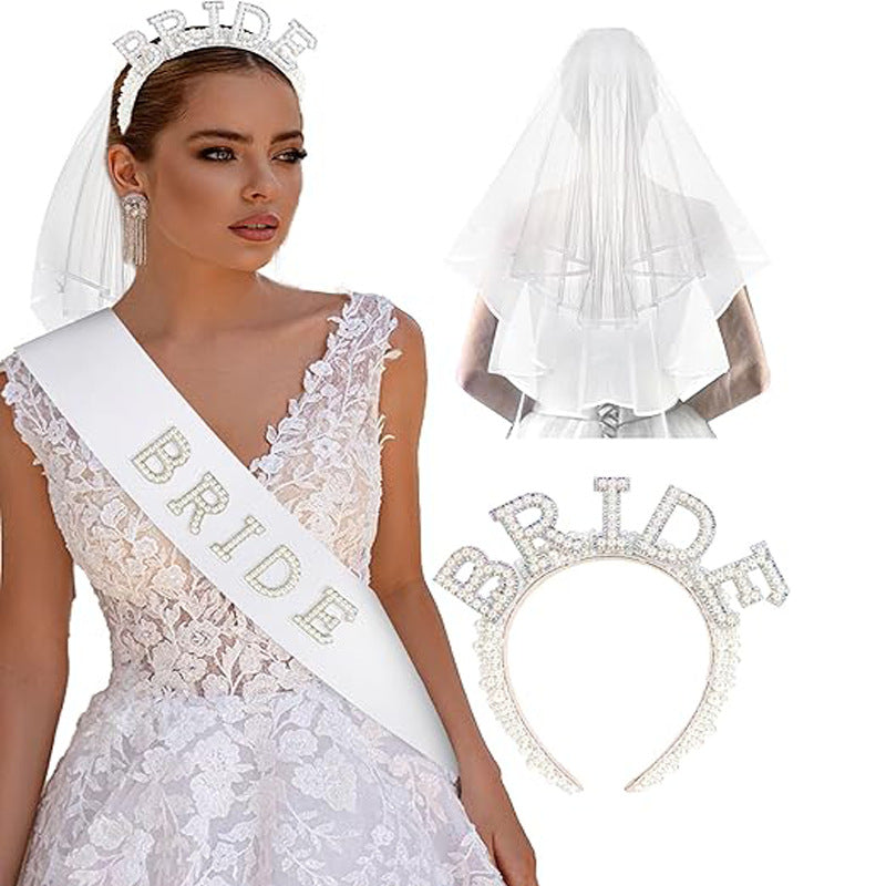 Bachelorette Party Bride Pearl Crystal Headband Veil Sash - Fashion Bridal Hair Accessory
