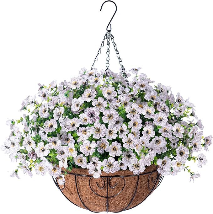Premium Artificial Hanging Flower Basket UV-Resistant Silk Daisy Eucalyptus Outdoor Porch Patio Balcony Yard All-Weather 3D Pistil