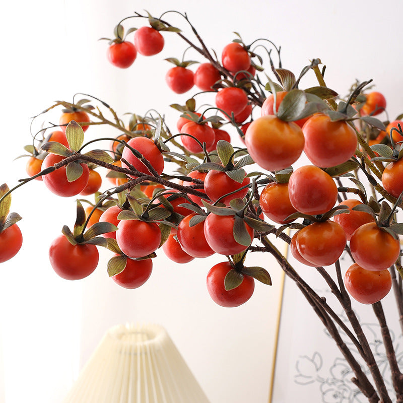 Artificial Mini Persimmon Bush with 14 Blooms, 28" Long Faux Foam Fruit Stems for Home Decor, Weddings & Events