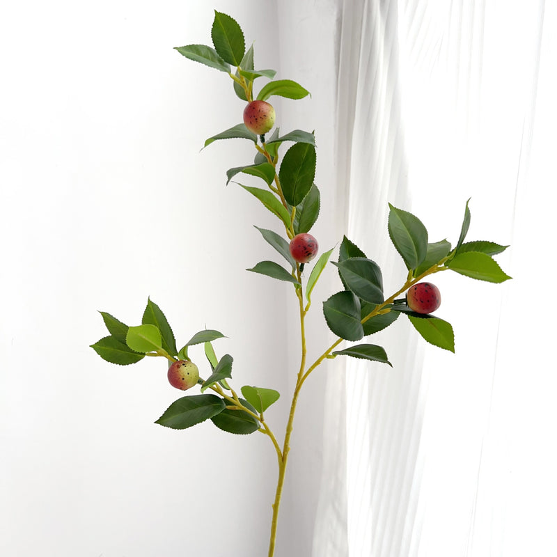 Artificial Camellia Fruit Bush, Red Berry Stem with Green Leaves, Plastic, Indoor Outdoor, Wedding, Home Decor, Window Display