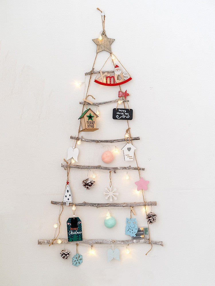 Wooden Christmas Tree Ornaments Bulk Set with Star Topper and Ladder Branch Design, Hanging Holiday Decorations