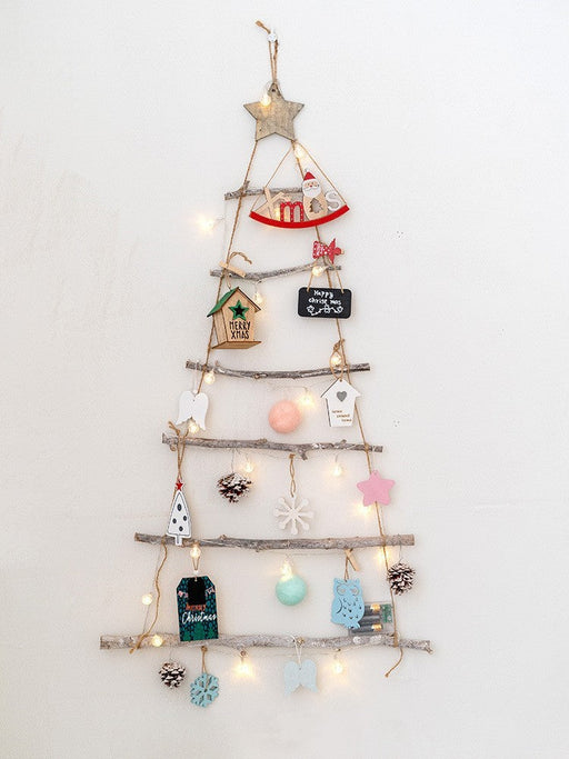 Wooden Christmas Tree Ornaments Bulk Set with Star Topper and Ladder Branch Design, Hanging Holiday Decorations