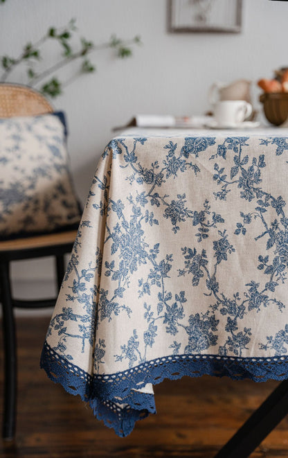 Bulk French Vintage Rectangle Tablecloth with Lace Cotton Linen Blue Rose Floral Table Cover Wholesale