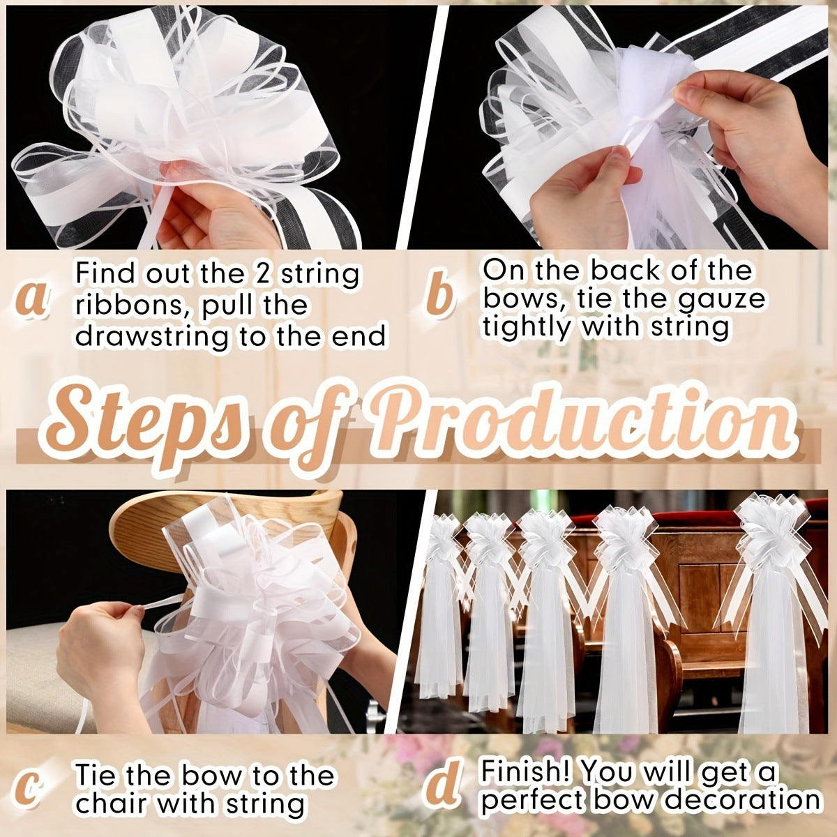 Church Wedding Ceremony Decor: 4-Piece White Chair & Aisle Bow Set (7.87-47.24in)