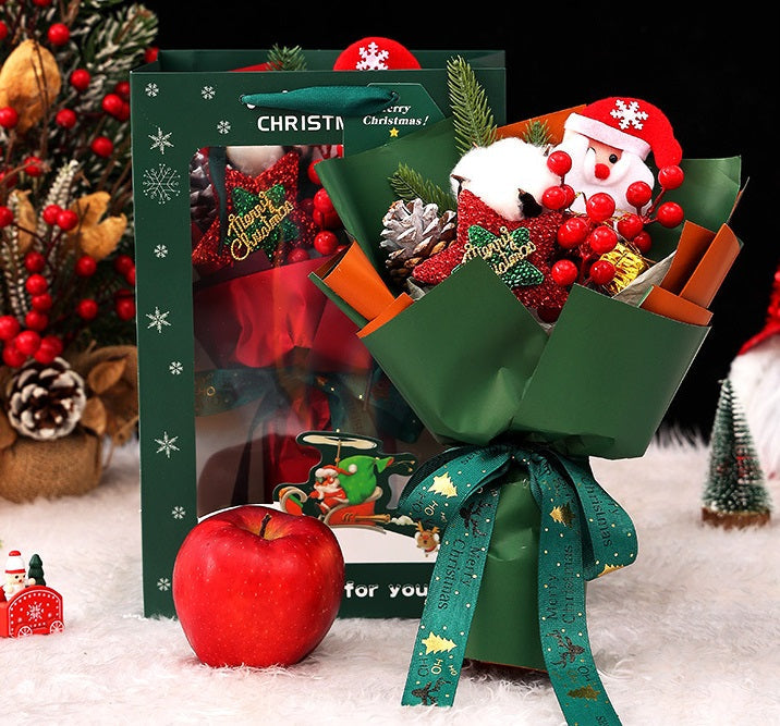 11 Inch Artificial Christmas Flower Bouquet with Glitter Star, Red Berries, and Santa Doll – Bulk Wholesale Gift Set
