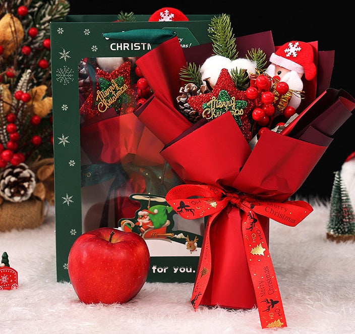 11 Inch Artificial Christmas Flower Bouquet with Glitter Star, Red Berries, and Santa Doll – Bulk Wholesale Gift Set