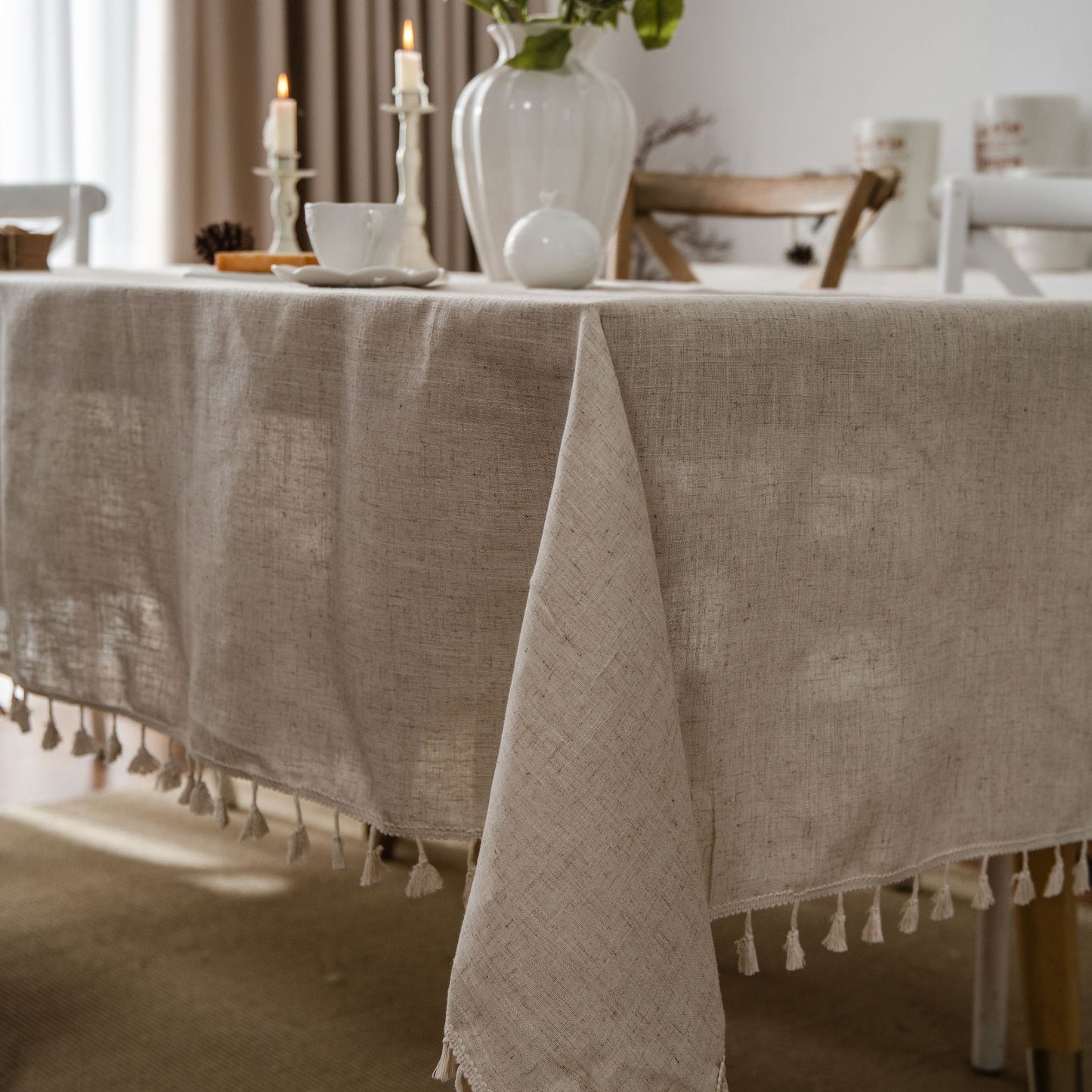 Bulk Linen Tablecloth Rectangle Tassel Table Cloth for Kitchen Dining Room Table Cover Wholesale