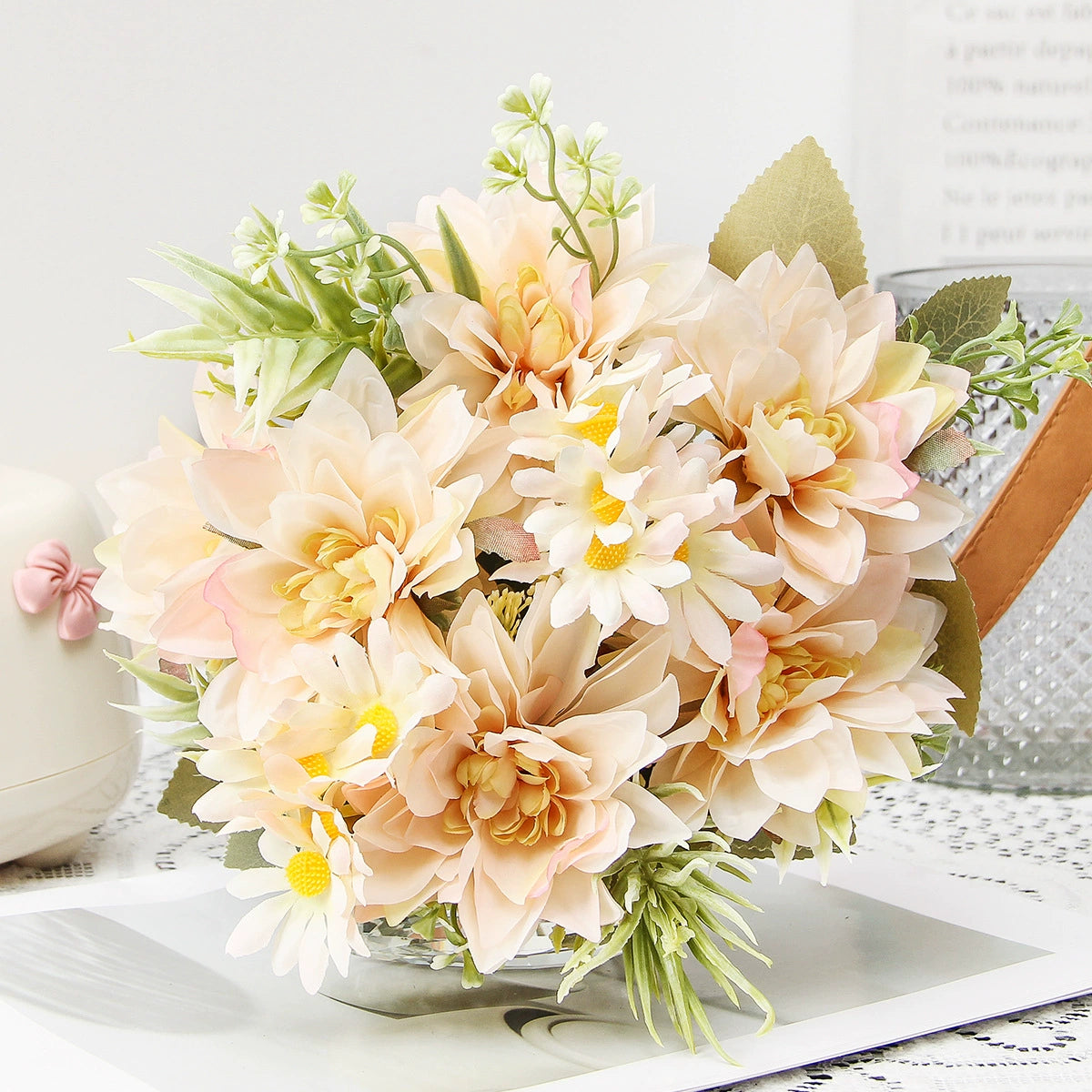 Wedding Floral Backdrop Decor Dahlia Bouquet Kit Silk with Bendable Steel Stems for Venue Styling