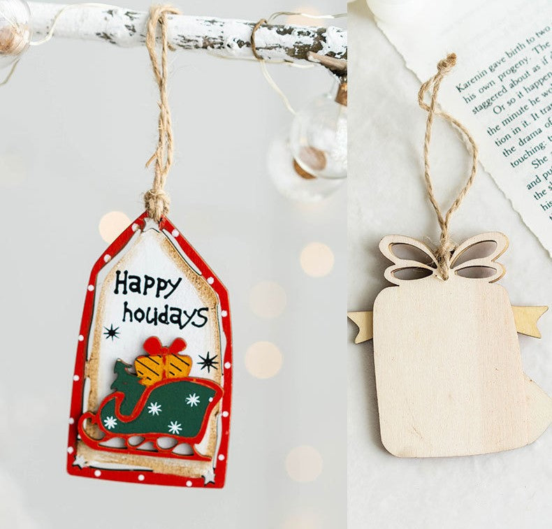 14 PCS Wooden Christmas Tree Hanging Ornaments with String, Bulk Holiday Party Decor