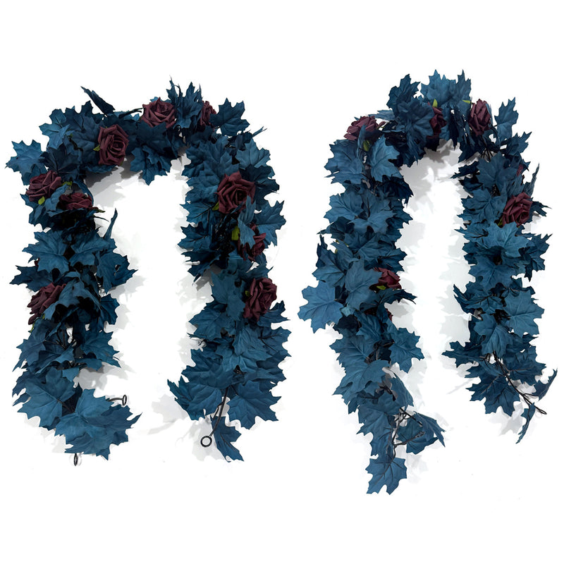 Artificial Maple Leaf & Rose Garland Vine, Blue Faux Silk Fabric, 2 Pcs per Pack, Halloween Decor