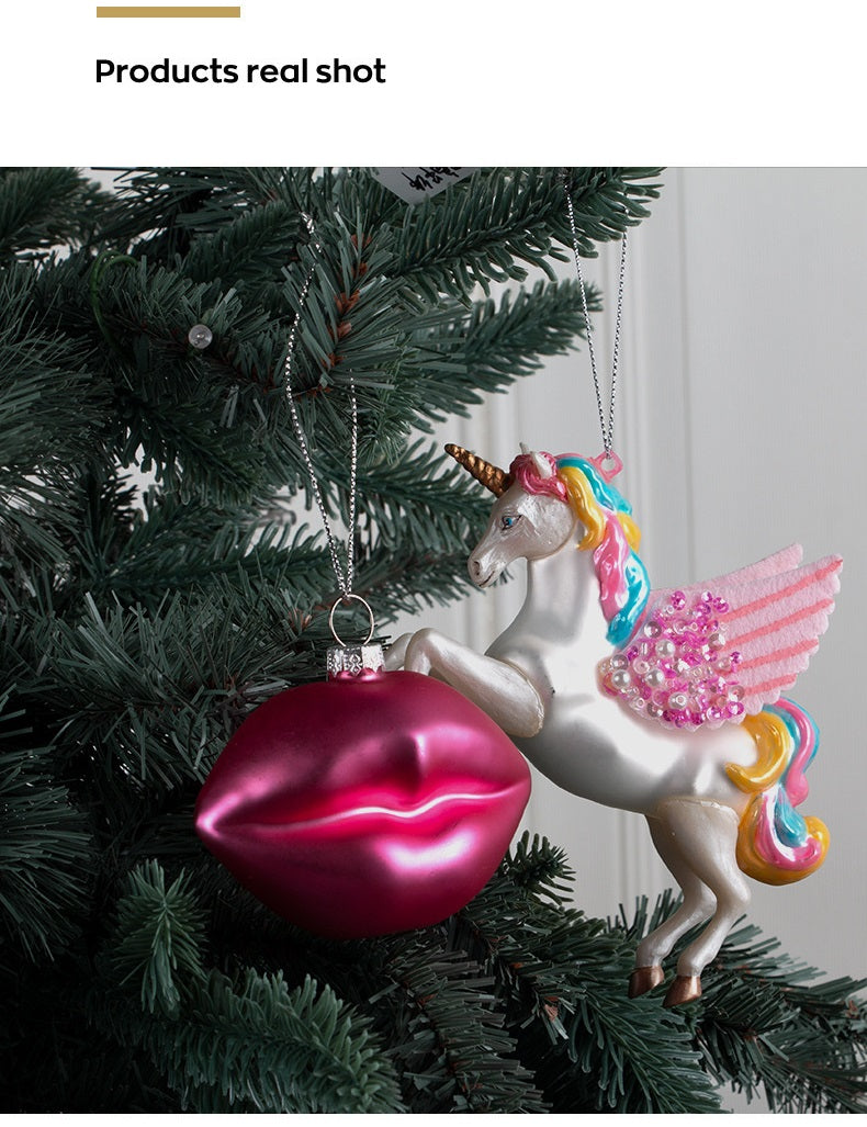 Bulk Christmas Ornaments 12 Pcs Glass Glitter Lips Unicorn Hanging Decorations with String Holiday Decor