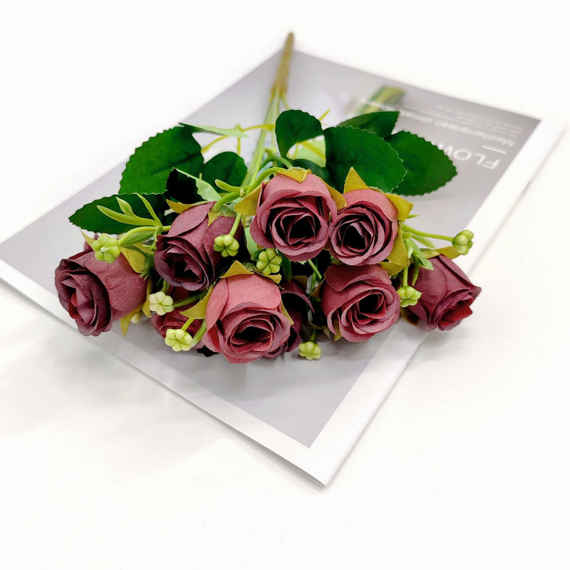 10-Bloom Artificial Rose Bush, 12" Tall, Modern Style for Home Decor, Wedding Arrangements, and Events