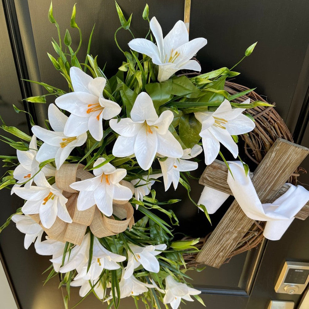 Easter Cross Wreath (14/16/18 Inch) - Natural Vine Front Door Decor | Artificial Flower Easter Decoration