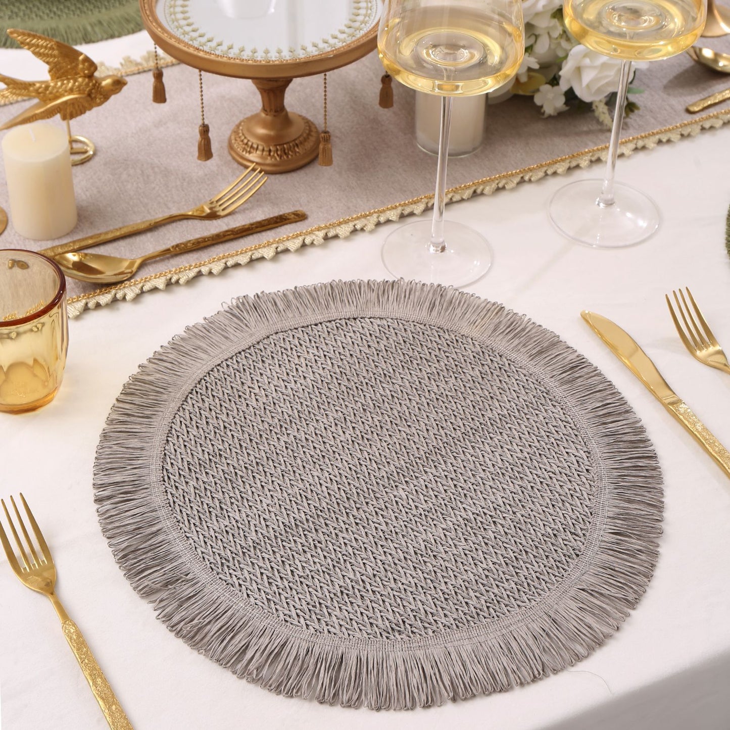 Paper Woven Tassel Placemats - 15" Round (6-Pack) | Non-Slip Cup Mat & Heat-Resistant Table Pad for Home Decor