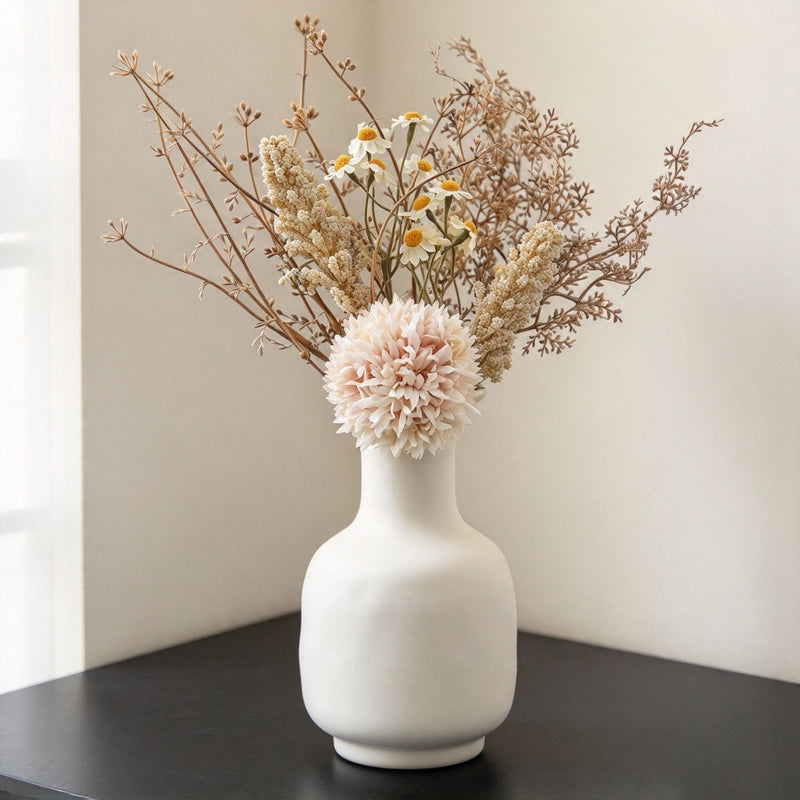 Artificial Dandelion & Wheat Ear Bouquet, Faux Floral Stems with Wheat and Billy Ball Accents, Wedding & Home Decor