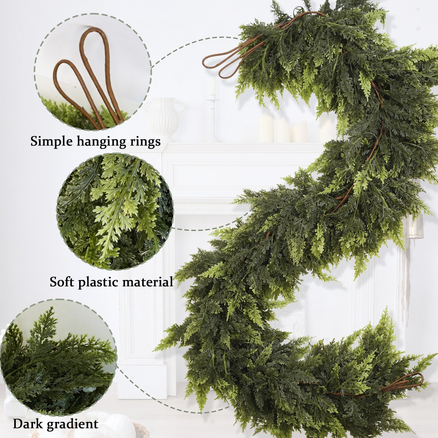 Christmas Faux Cedar Garland - Realistic PE Texture Fireplace Decor Festive Holiday Home Accent with 4 Size Options