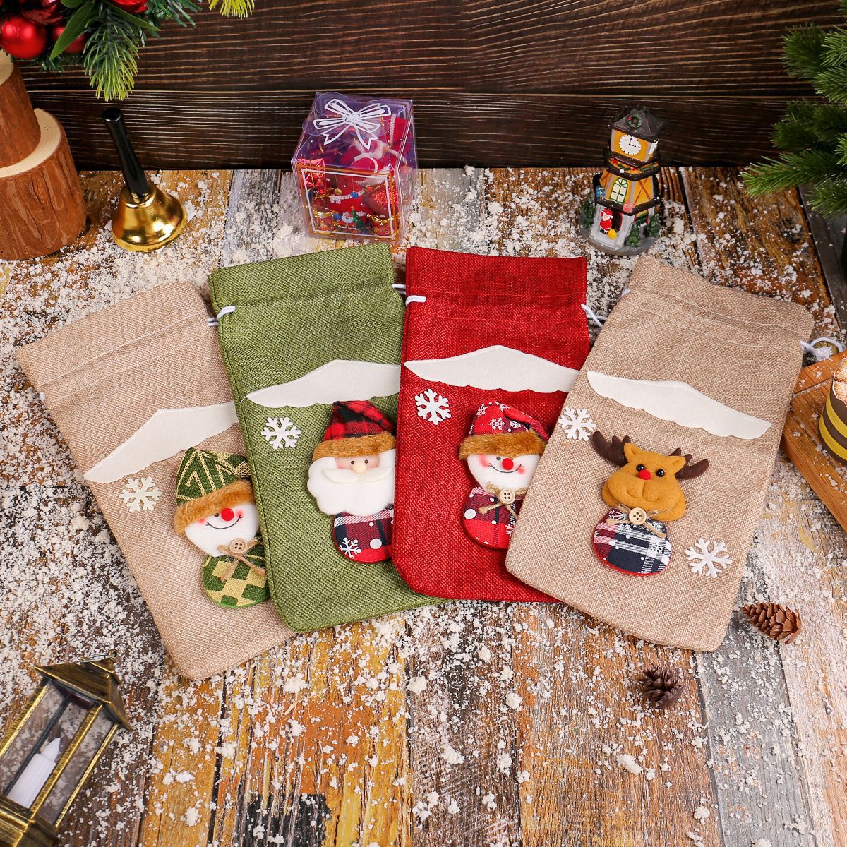 Christmas Santa Burlap Wine Bottle Bag - 12” x 5.7” Festive Decor for Holiday Tables