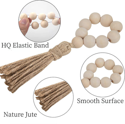 Premium Wooden Napkin Rings 12 Pack Elastic Wood Bead Tassel Design for Weddings Holiday Tablescapes & Reusable Dinner Party Decor