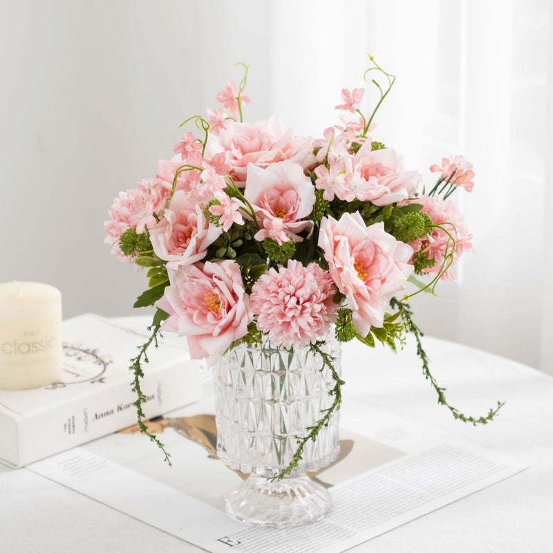 11" Realistic Artificial Rose & Chrysanthemum Bush, 5-Bloom Floral Cluster for Weddings, Home Decor, and Events, Countryside & Modern Style