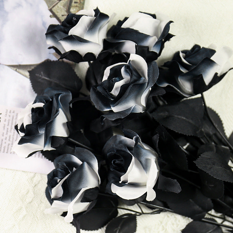 Bulk 10Pcs Black And White Roses 2025 Real Touch Silk Flowers Bridal Bouquet for Gothic Wedding Decor Hotel Arrangements Wholesale