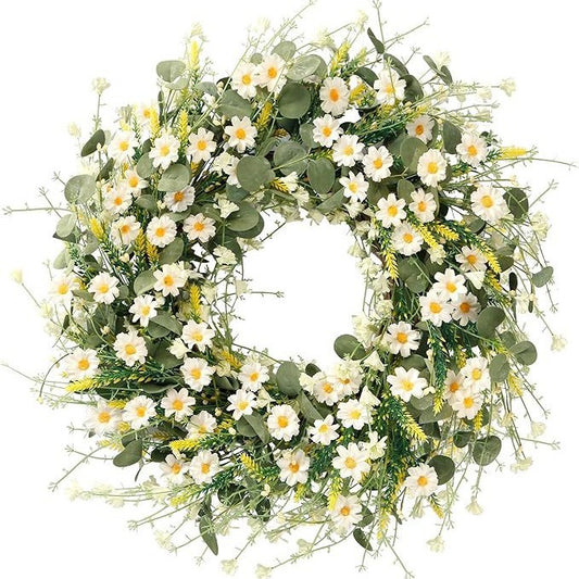 Premium 24 In Daisy Wreath Silk Flowers with Eucalyptus Lavender Boho Farmhouse Wedding Decor Seasonal Wall Hanging Arrangements