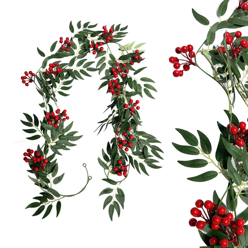 Artificial Willow Leaf Vine with Red Berries, Set of 2 Garlands, Christmas Door Hanging Decor, Home & Display