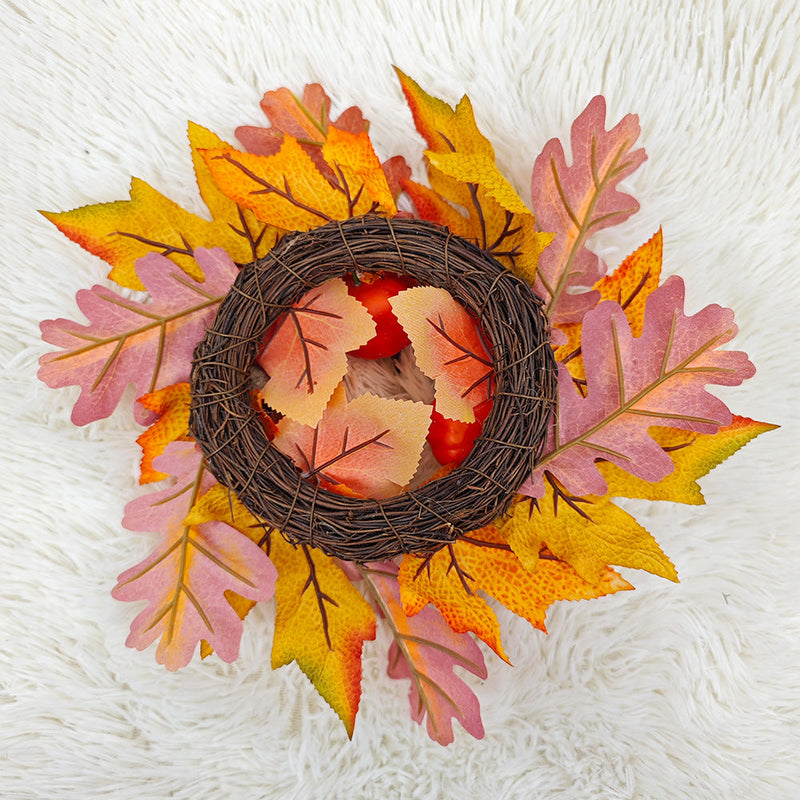 Artificial Maple Leaf Pumpkin Candle Holder Rings 12 Inch Mini Tabletop Wreath Centerpiece 6 Pcs