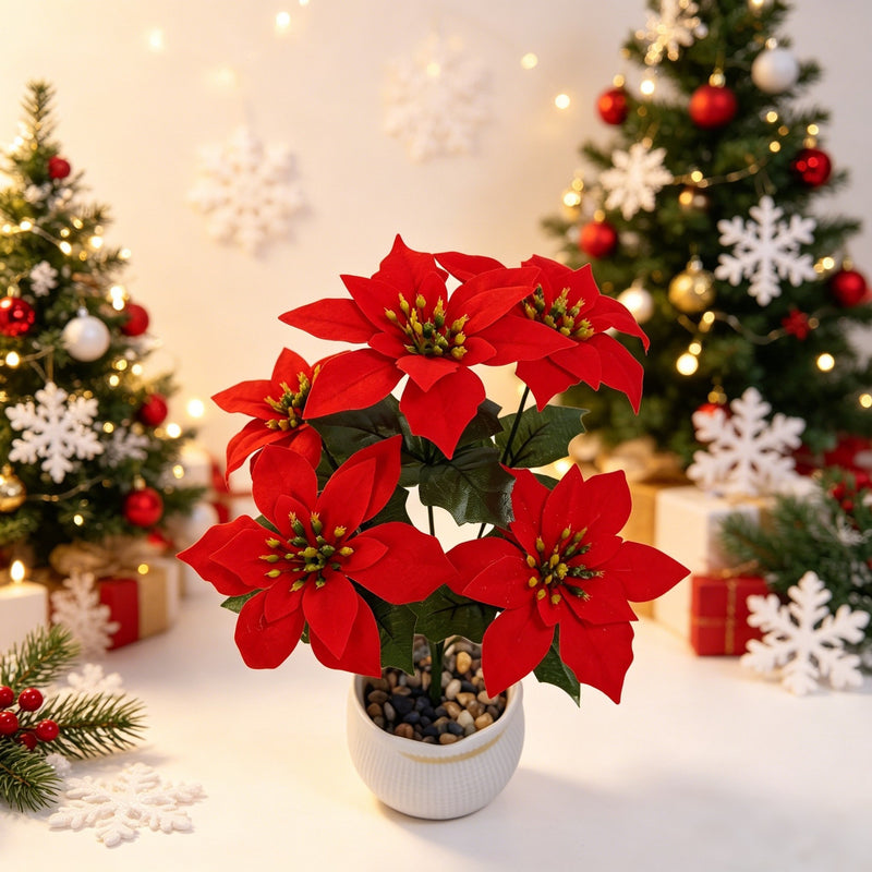 Artificial Poinsettia Bush with 5 Blooms, 14.5" Silk-like Faux Christmas Flowers for Holiday Decor, Weddings & Home Styling