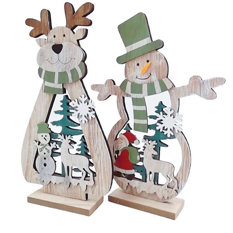 2 Pcs Christmas Wood Ornaments Set with Snowmen and Elk Decorations