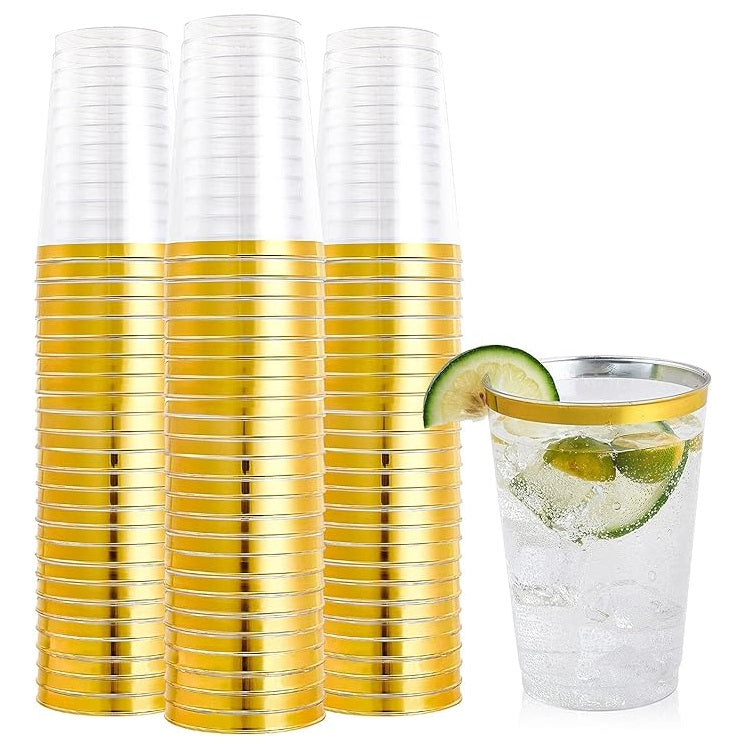 Bulk 50 Pcs 9oz/270ml Disposable Plastic Cups with Gold Rimmed Wholesale