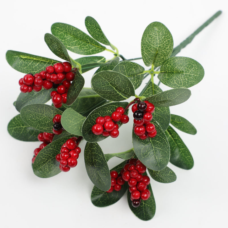 Artificial Red Berry Eucalyptus Greens, 11" Single Stem, Realistic Faux Florals for Wedding Decor, Home Arrangements, Holiday Styling