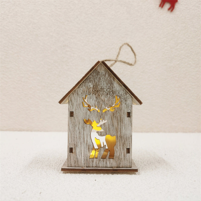 Christmas Glow Cabin House LED Ornament with Hollowed-out Snow Elk for Xmas Tree Decor, Bulk Wholesale