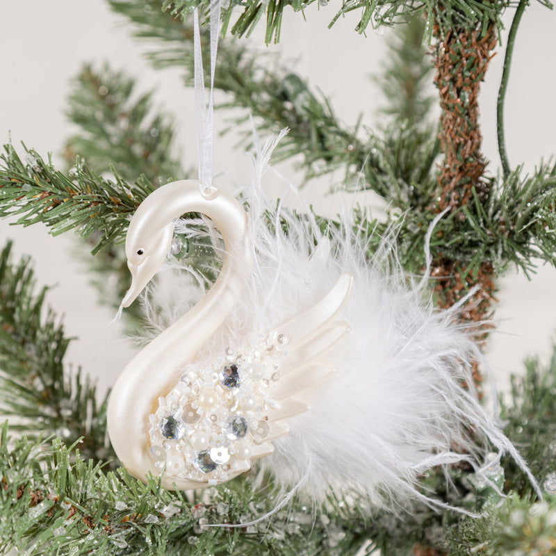 Simulated Feather Swan Christmas Hanging Ornaments with Diamond Accent, Bulk Set