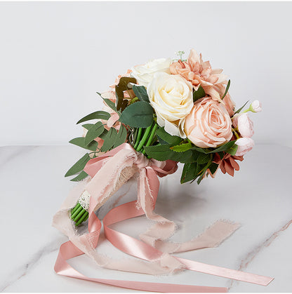Bulk 9" Bridal Bouquet Roses Silk Wedding Flower Cascading Adjustable Ribbon Waterproof for Outdoor Ceremonies Photo Shoots Wholesale