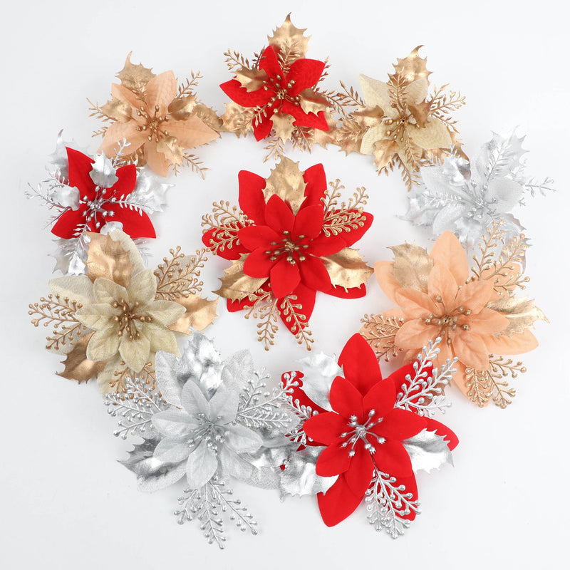 Gold Glitter Artificial Flower Head, 4.5" Diameter, DIY Christmas Tree Ornament & Holiday Decor, Faux Silk Poinsettia