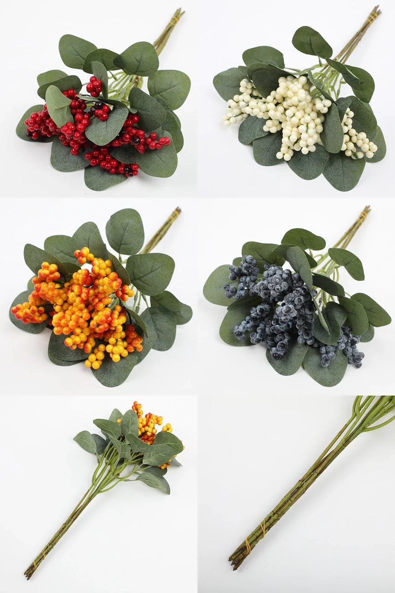 6 Pcs Artificial Holly Berry Stems with Green Leaves for Christmas Decoration
