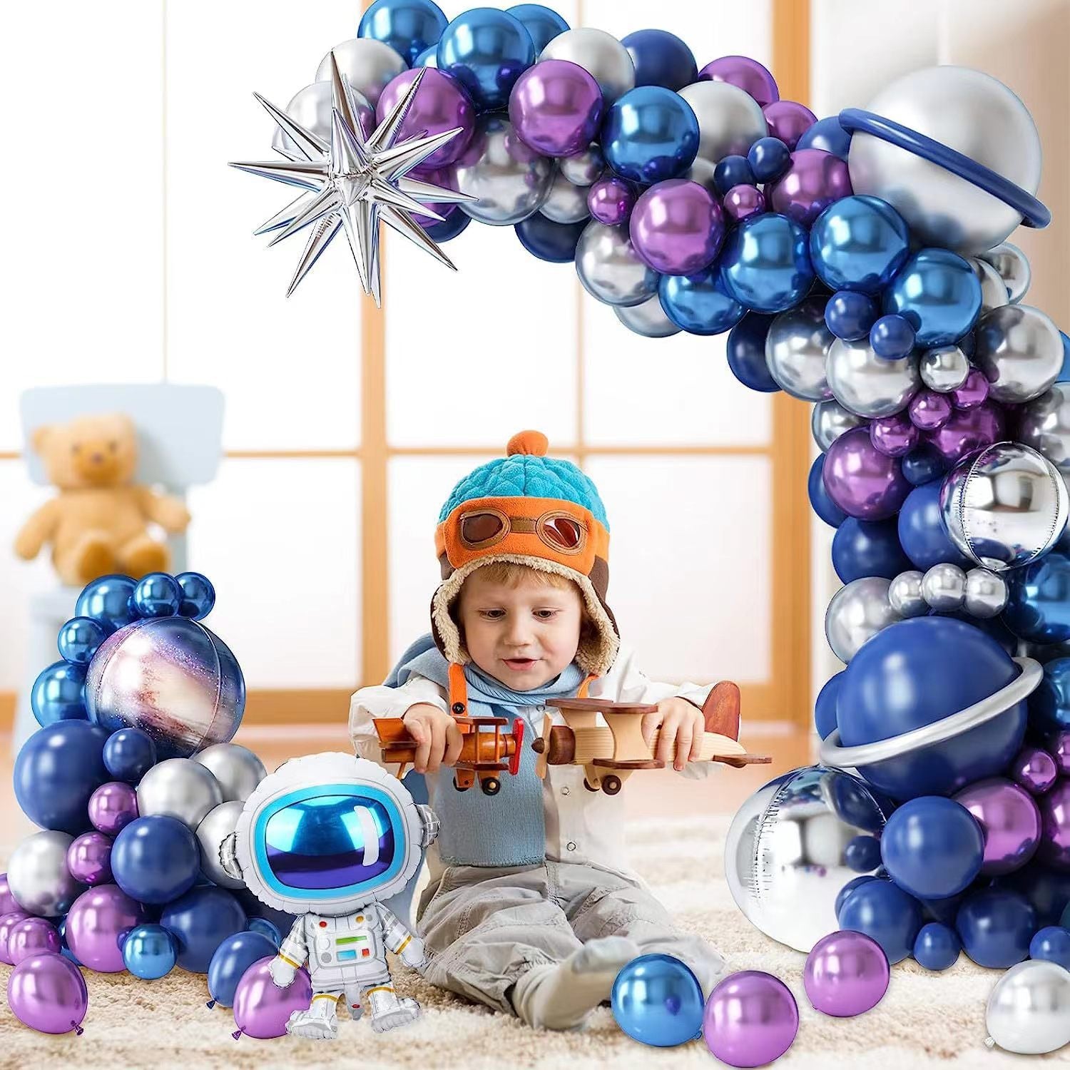 Space Astronaut Balloon Garland Kit - 2 Sets Space Theme Boys Birthday Party Decorations Retro Navy Blue Latex & Foil Balloons for Galactic Celebrations